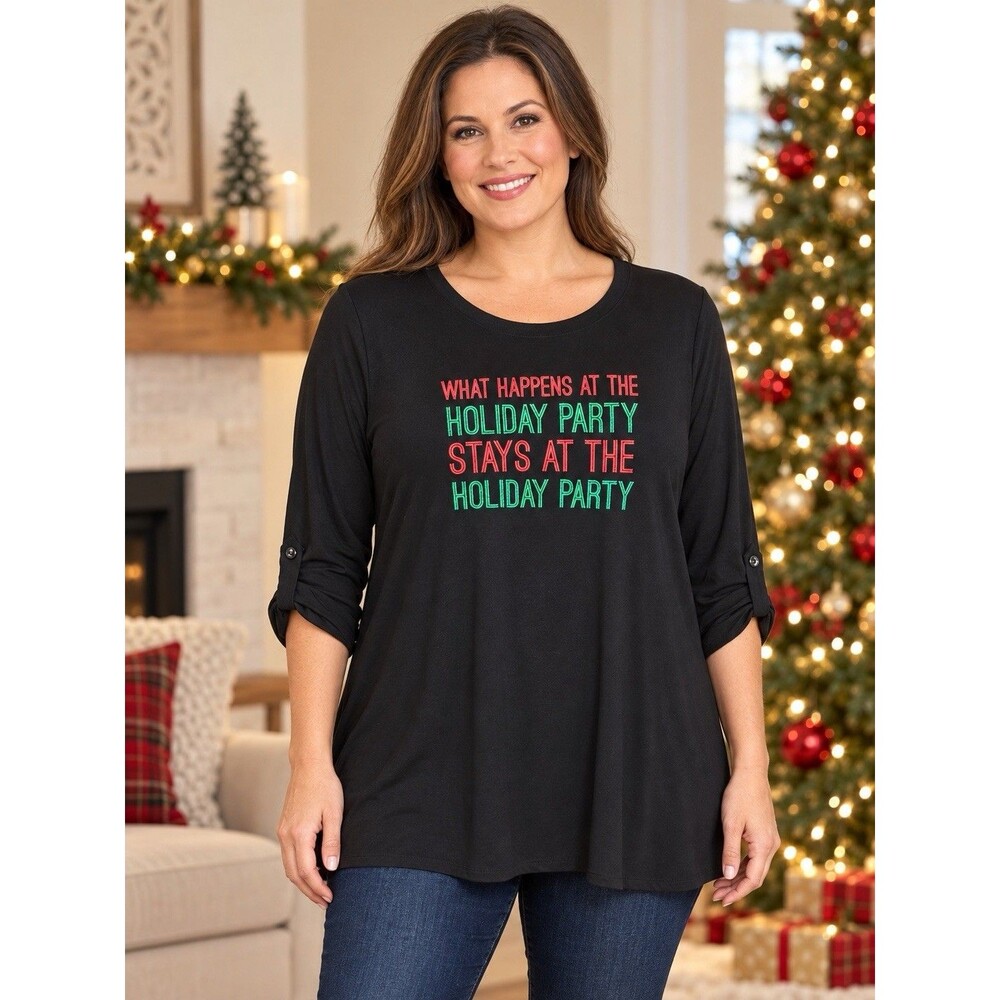 Merry Wear Top Women’s XL, Black Holiday Party Slogan Tunic Tab Sleeves Stretchy